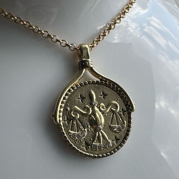 Libra Zodiac Sign Blue Crystal Medallion Pendant Necklace - Picture 7 of 8